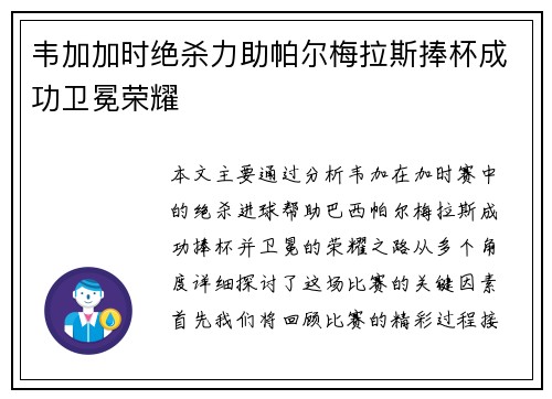 韦加加时绝杀力助帕尔梅拉斯捧杯成功卫冕荣耀